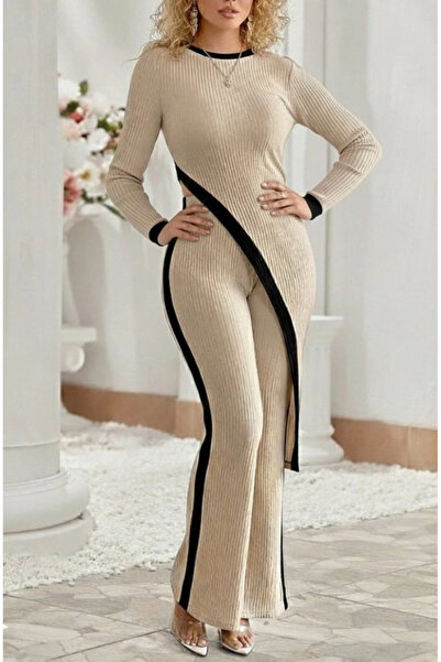 TBL DEKOR Γυναικεία Μπλούζα με Μακρυμάνικο και Στρογγυλή Λαιμόκοψη, Ασύμμετρο Κομμάτι, Επένδυση fleece Πλέξη ριμπ και Παντελόνι σε Σετ Δύο Τεμαχίων