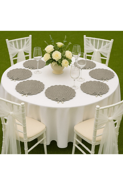 DNA MODA İnci Kurdele Detaylı Gri Hasır Model Supla, Bardak Altlığı ve Peçete...