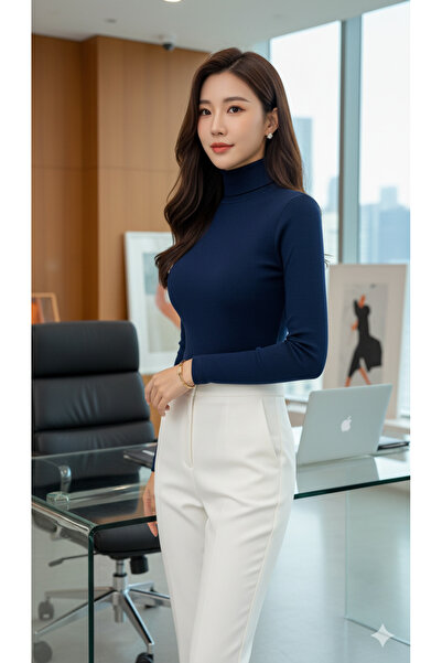 Yakalaa Темно-синя водолазка тонкий пуловер унісекс бавовна Bogazlı Камізель