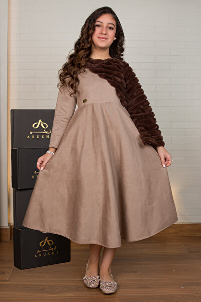 arushi Enchanting Winter Dress with Attached Fur Jacket and Asymmetric Sleeve