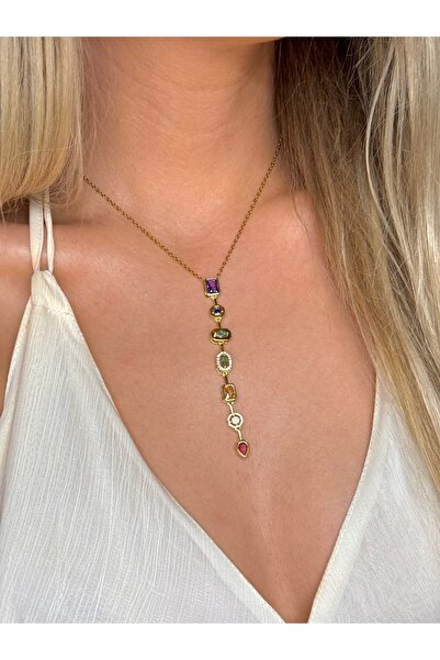 YOUES JEWELRY 316L Steel 7 Element Y Necklace Colorful Stone Women's Necklace