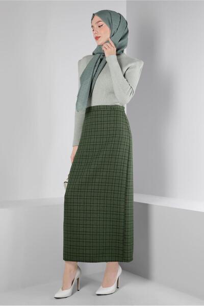 Alvina GİZLİ YIRTMAÇLI EKOSE DESENLİ ETEK 60368