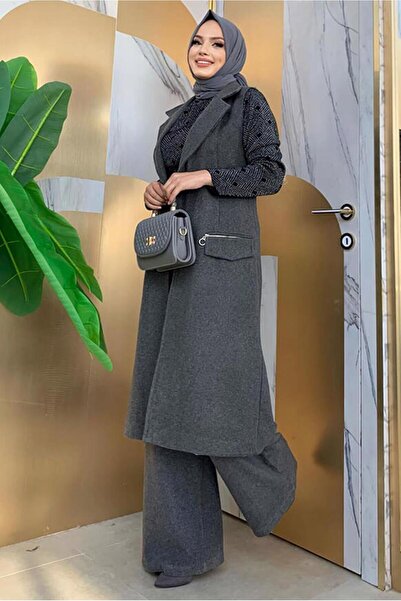 TRENDTESETTÜR سترة نسائية رمادية (أنثراسايت) بحزام T 1277