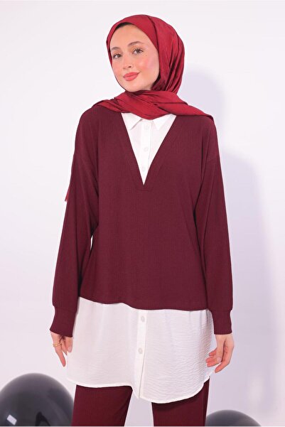 TRENDTESETTÜR Women's Burgundy Shirt with Garnished Pants Suit t 6174