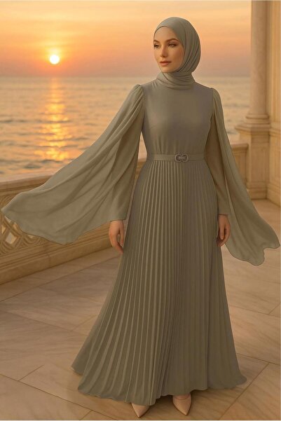 TRENDTESETTÜR KADIN VİZON KEMERLİ PİLİSELİ ELBİSE T 5784