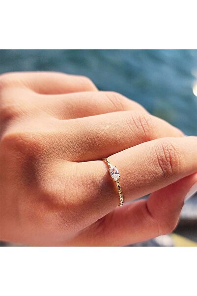 FasekGold Gümüş Yüzük - Minimal Oval Swaroski Taşlı Gümüş Yüzük-Oval Taşlı 925 Ayar Eskitme Tektaş Gümüş Yüzük