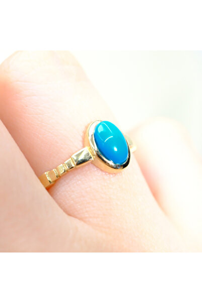 FasekGold Gümüş Yüzük - Firuze-Turkuaz Taşlı Oval Kesim Boğumlu Modern Tasarım 925 Ayar Gümüş Tektaş Yüzük