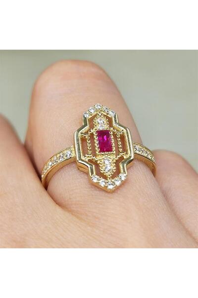 FasekGold Gümüş Yüzük - Vintage Baget Ruby Taşlı Gündelik Gözde Tasarım Hediy...