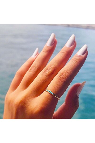 FasekGold Gümüş Yüzük - Minimal Badem Firuze Sıra Taşlı 925 Ayar Gümüş Alyans