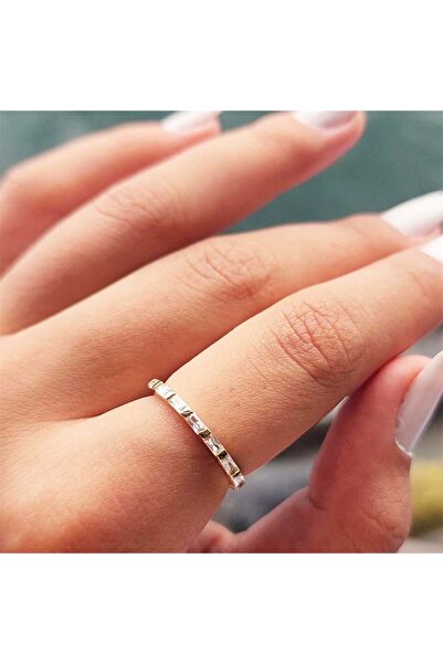 FasekGold Gümüş Yüzük - Zirkon Taşlı Sıralı Baget Modern 925 Ayar Gümüş Alyans-Modern Eklem Yüzüğü