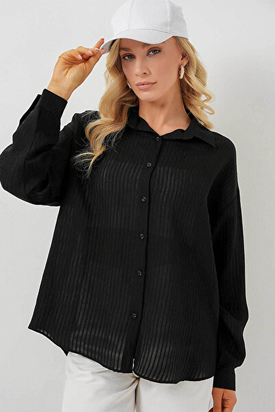 Bigdart Uzun Oversize Siyah Kadın Gömlek 20320