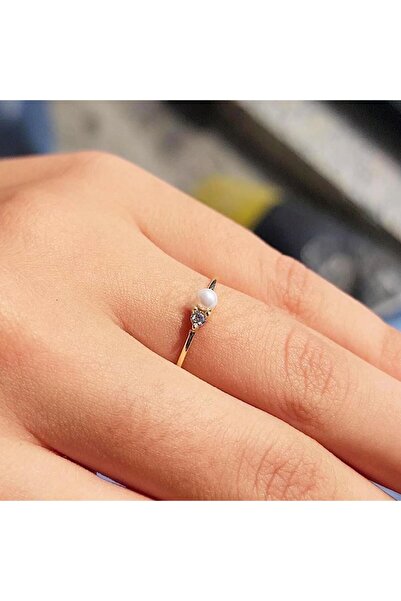 FasekGold İncili Altın Yüzük - 14 Ayar Altın Beyaz İnci Zirkon Taşlı Minimal ...