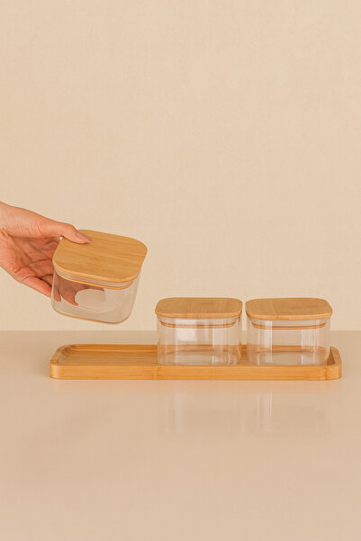 KaiHome Natural Bamboo Square Lid Transparent 3-Piece Glass Jar Breakfast Container, Storage Container with Wooden Stand, Jar Set