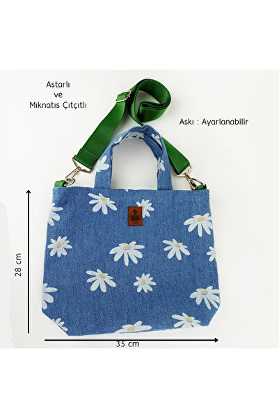 woodycord Geantă din denim cu imprimeu cu margarete realizată manual - rafinată și convenabilă pentru primăvara