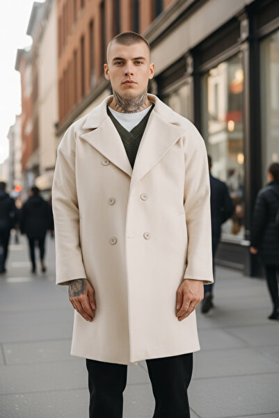 İLKCET MODA Premium Krem Oversize Erkek Düğmeli Kaşe Kaban