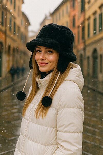 BALIENTE Pălărie neagră pentru femei Bucket cu căști detașabile