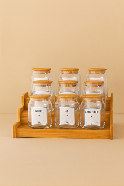 KaiHome طقم توابل زجاجي من 9 قطع مع أغطية، مع ملصقات وحامل على شكل سلم