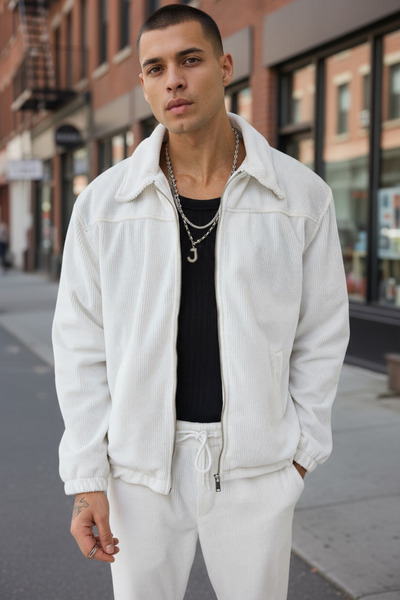 İLKCET MODA Men's White Thick Oversized Velvet Jacket