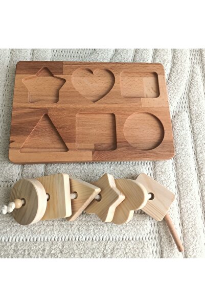 Moccotoys Montessori Non-Removable Geometric Shapes and Stringing Wooden Play Set