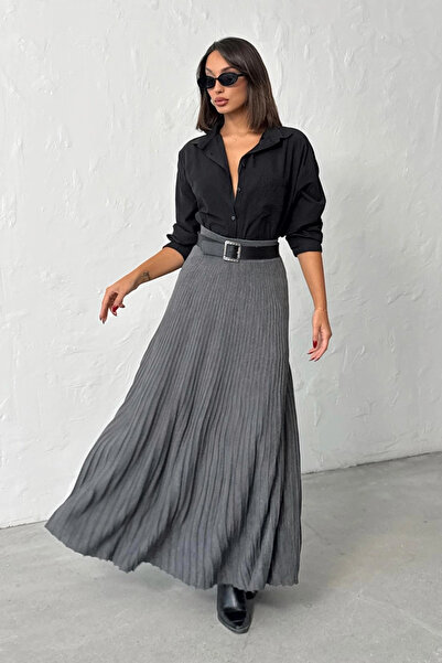 Lusin Women's Gray Pleated Detailed Long Knitwear Skirt