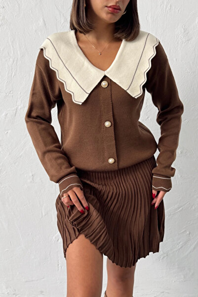 URİS Set de două piese pentru femei, maro, elegant, cu detaliu de rever, cardigan, bluză, fustă, sus și jos (culoare nouă)