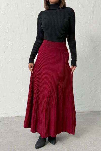URİS Kadın Bordo Pilise Detaylı Uzun Triko Etek