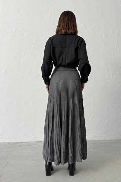 Lusin Women's Gray Pleated Detailed Long Knitwear Skirt