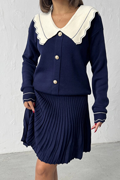 URİS طقم نسائي مكون من قطعتين بلوزة كارديجان أنيقة بياقة مفصلة باللون الأزرق الداكن وتنورة (لون جديد)