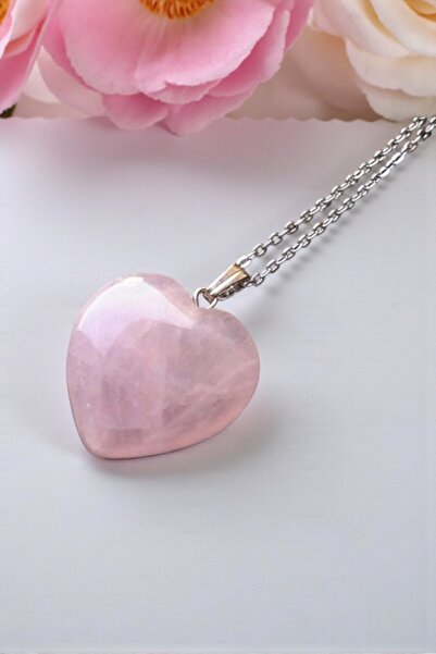 NBS Beautiful Naturel Stones Pembe Kuvars Kalp Gerçek Doğal Taş Kolye