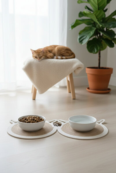 Salvia Dione 2’li Doğal Jüt Birleşik Model Kedi Köpek Mama Kabı Altlığı Yıkan...