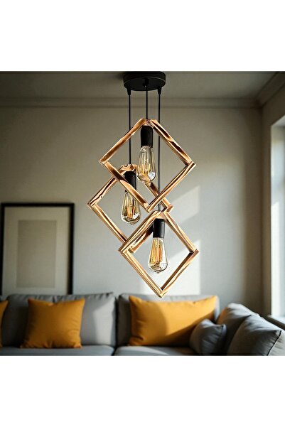 ONUR AVİZE Dekoratif El Yapımı Rustik Modern Tarz Siyah Sarkıt Doğal 3'lü Ahşap Avize