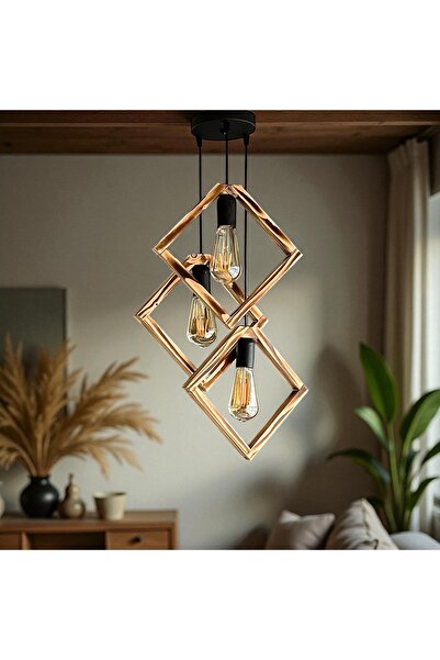 ONUR AVİZE Dekoratif El Yapımı Rustik Modern Tarz Siyah Sarkıt Doğal 3'lü Ahşap Avize