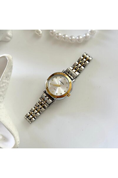 Forsining -altın renk- siyah iç kadran Çift zincirli kadın kol saati