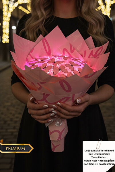 HOVARDA Led Işıklı Pembe Kelebek Buketi Premium Model Sevgiliye Özel Hediye Ç...