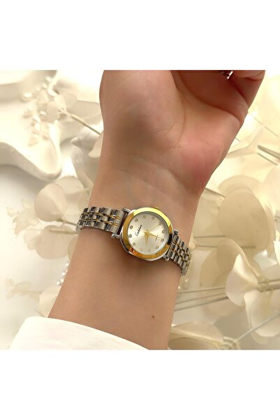 Forsining -altın renk- siyah iç kadran Çift zincirli kadın kol saati