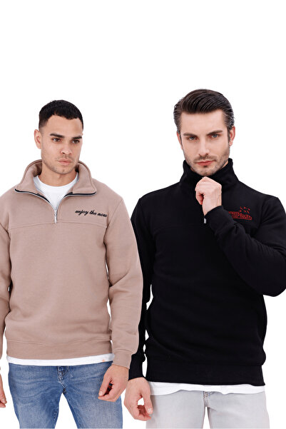 steeprockt 3'lü Erkek Yarım Fermuarlı Relaxed İçi Polarlı Pamuklu Dik Yaka Sweatshirt Siyah, Mavi, kahverengi
