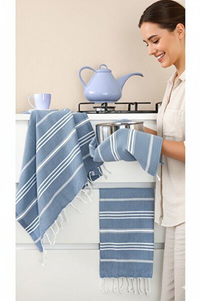 Miracolo Home Sultan Peşkir 2'li Set Mavi Kurulama Bezi Beyaz Çizgili 50x80