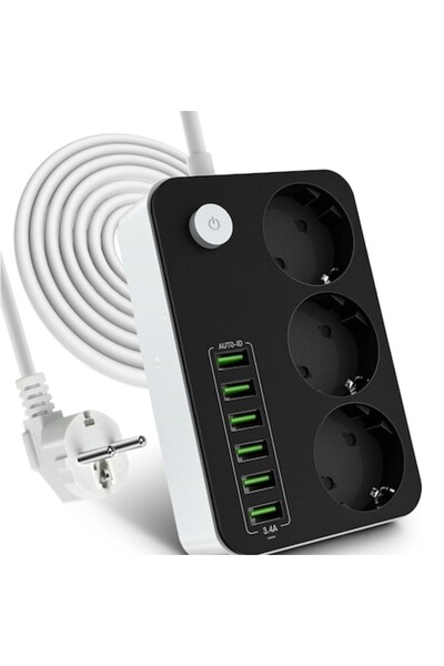 OEM Prelungitor Fast Charge, 3 prize, 6 Porturi USB, Intrerupator, Protectie supratensiune, Negru