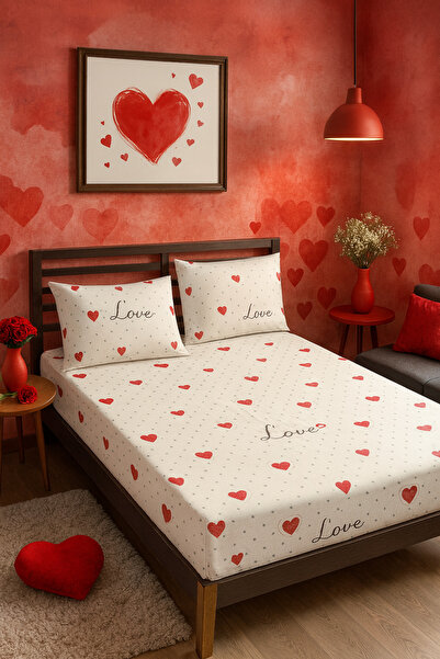 LATTE TEKSTİL Комплект простирадл з еластичною стрічкою з бавовняної тканини Ranforce з малюнком «Мока Лав» і серцем (одинарний, подвійний, великий розмір)