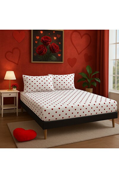 LATTE TEKSTİL طقم ملاءة مطاطية من قماش رانفورس قطني منقوش على شكل قلب أحمر موكا (حجم فردي مزدوج كينج)