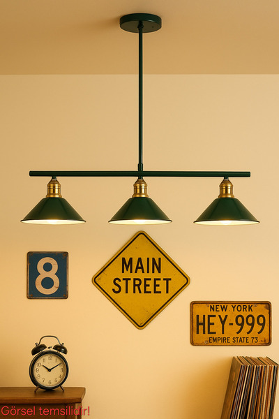 Bozyaka Aydınlatma Kleps Dekoratif 3'lü Metal Sıralı Avize Yeşil (RAL 6005) M...