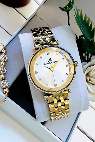 Daniel Klein Kesme Cam Su Geçirmez Taşlı Kadın Kol Saati Siyah Gold Renk Çelik Kordon Hediye Bileklik GDKB2010C1