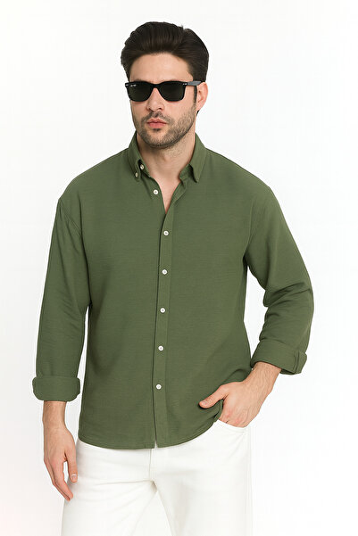 Genel Markalar Haki Oversize Dokulu Gömlek