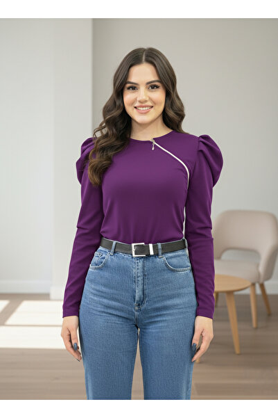 Moda Lounge Şık Tasarım Asimetrik Fermuar Detaylı Uzun Kollu Bluz