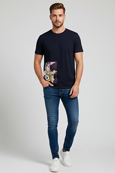 Sabri Özel Oversized printed cycle collar men's t-shirt navy blue