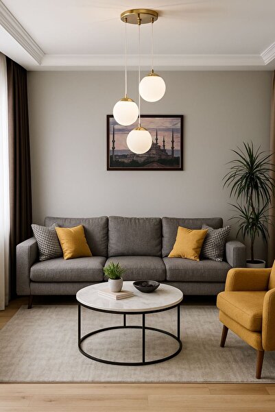 Natiorj Üçlü Gold Beyaz Opal Camlı Plafonyer Lüks Avize Salon Yatak Odası