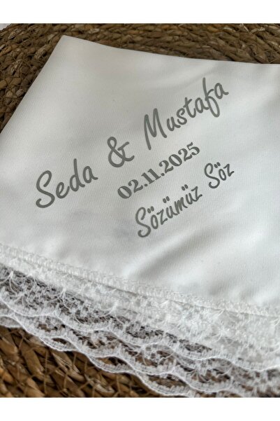imzatasarım Beyaz Dantel Kenarlı Isme Özel Söz Damat Mendili Peçetesi Gold/gümüş Renk Yazılı (25X25CM)
