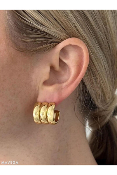 MAVEGA Birleşik Üçlü Yüksek Kalite Yarım Halka Küpe | Kararmaz Çelik, Altın Renk