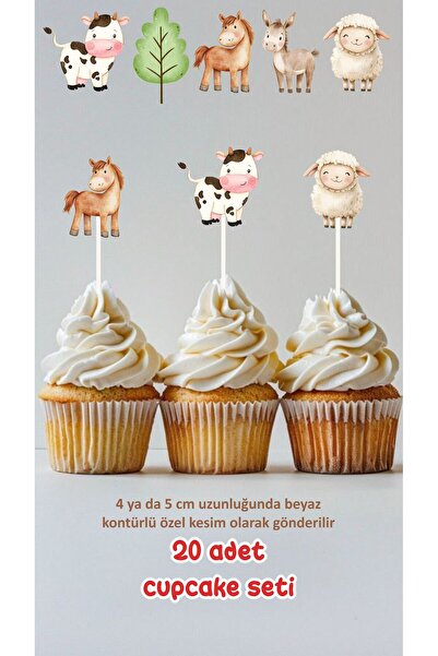 Sinek Kupası Tasarım Çiftlik Hayvanları Temalı Kürdanlı Cupcake Süsü Doğum Gü...