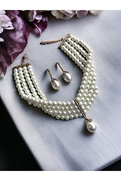 FAYRA ACCESSORIES İnci Set Takım Zirkon Taşlı İnci Küpe ve İnci Kolye Seti